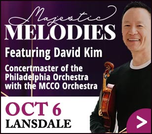 Montgomery County Orchestra is thrilled to welcome David Kim, Concertmaster of the Philadelphia Orchestra as our guest soloist for our Fall concert. This concert will be a unique opportunity to hear some of the most beautiful and exciting music for solo violin and orchestra performed by David with a full orchestra in the gorgeous and intimate setting of Trinity Lutheran Church. This is the first time David has performed with an orchestra in Montgomery County in over 10 years! You will NOT want to miss it! <BR><BR>Full Season Subscription: <BR>$45 total for all 3 concerts (40% savings!)<BR>General Admission: $25.00 per ticket<BR>Group Tickets (6 or more)<BR>$20.00 per ticket; Students: $5.00<BR>Children under 12: Free<BR><BR><BR>https://www.mccomusic.org/majestic-melodies